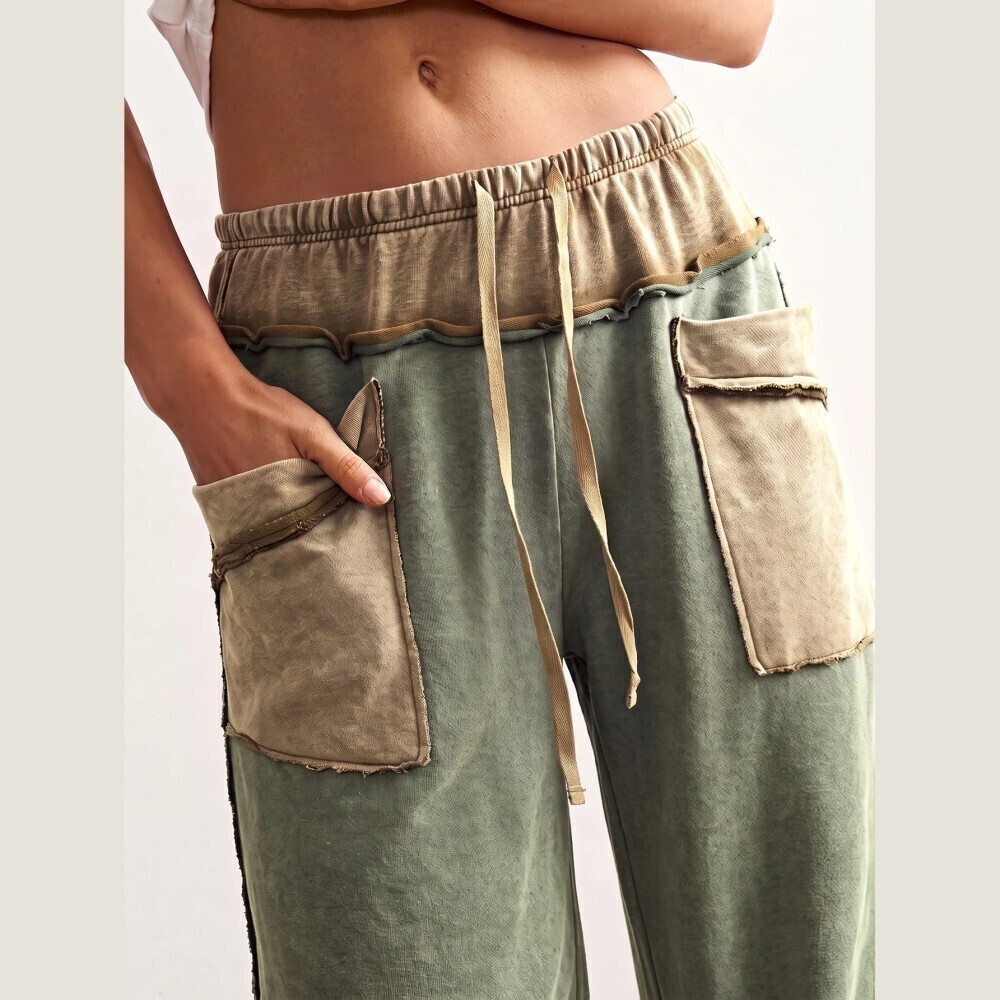 Sage Green Colorblock Raw Hem Drawstring Wide Leg Jogger Sweatpants